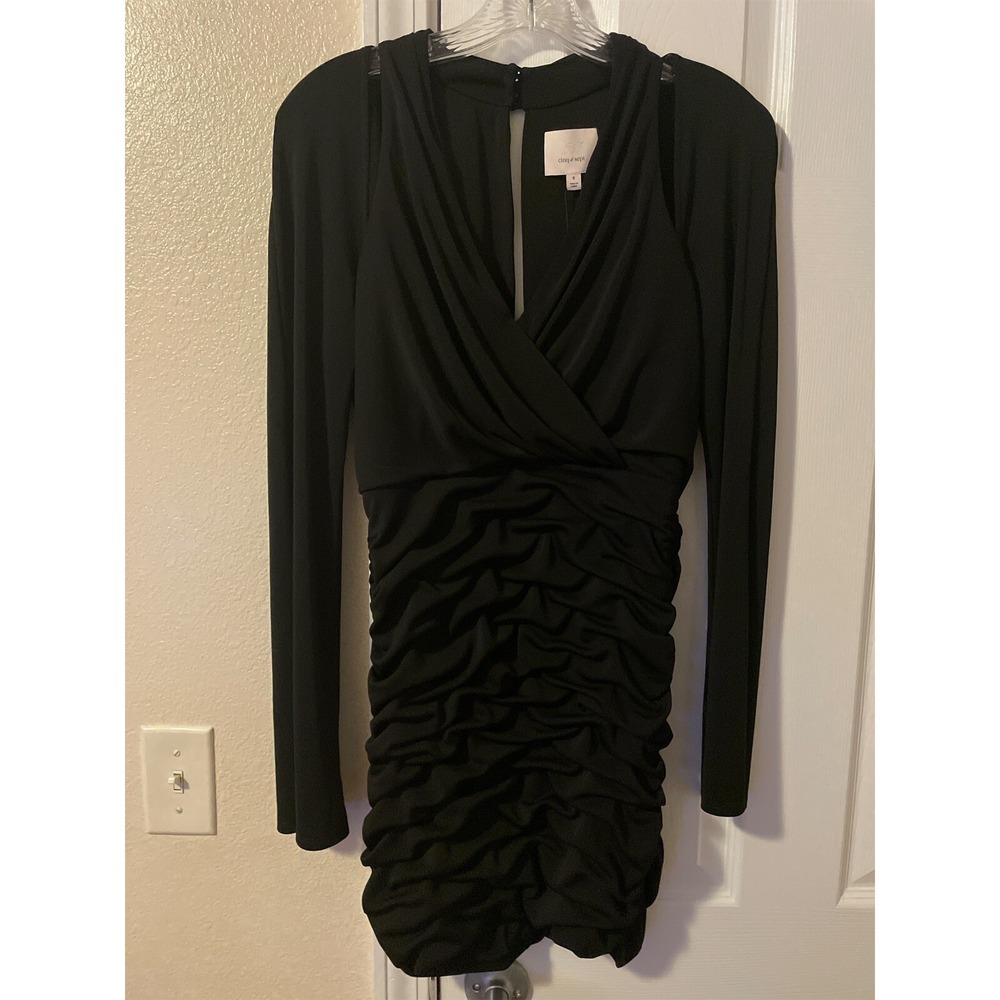 Cinq à Sept Tiffy Dress Black Cold Shoulder Long Sleeve Ruched Mini Dress 8 NWT